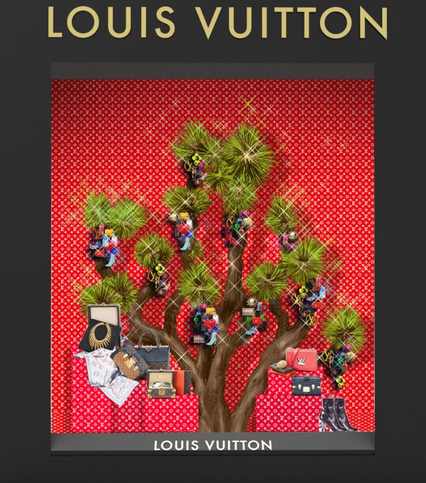 A Christmas tree made of Louis Vuitton items is on display in the
